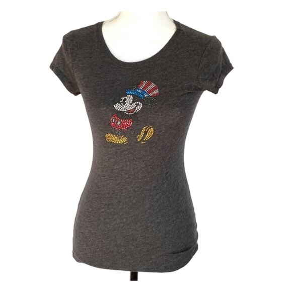 Disney Women's Size S Charcoal Gray Patriotic Bling Mickey Mouse Cap Sleeve Top - Picture 1 of 8